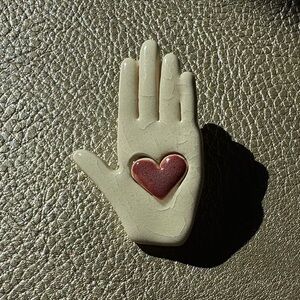 Ceramic Hand with Heart pin, broach, bag accessories